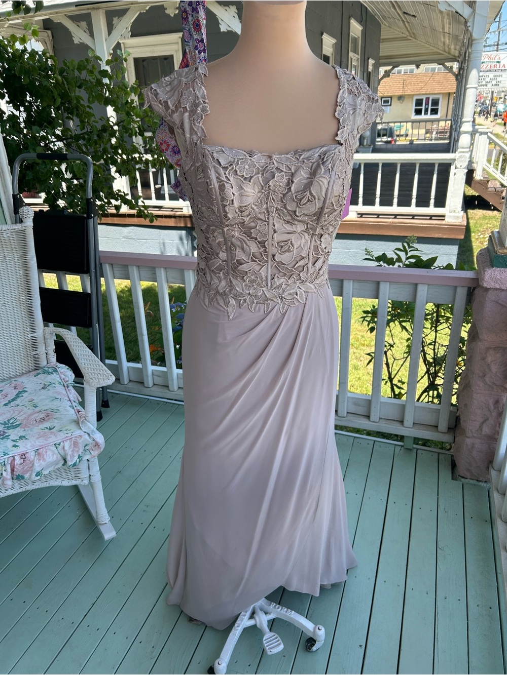 Mon Cheri Taupe Lace Bodice Maxi Dress
